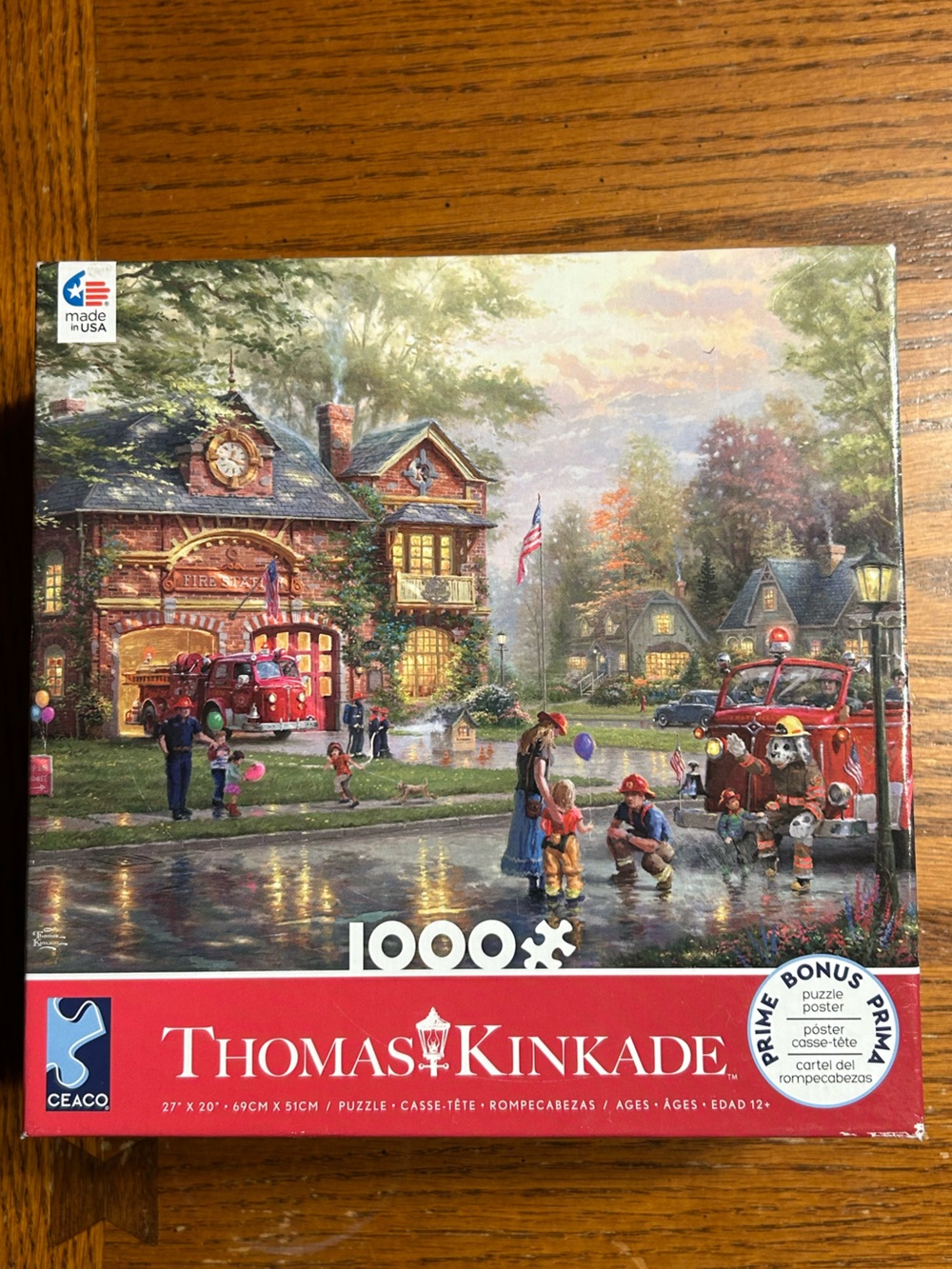Thomas Kinkade Village Firehouse Scene with Red and Green Highlights